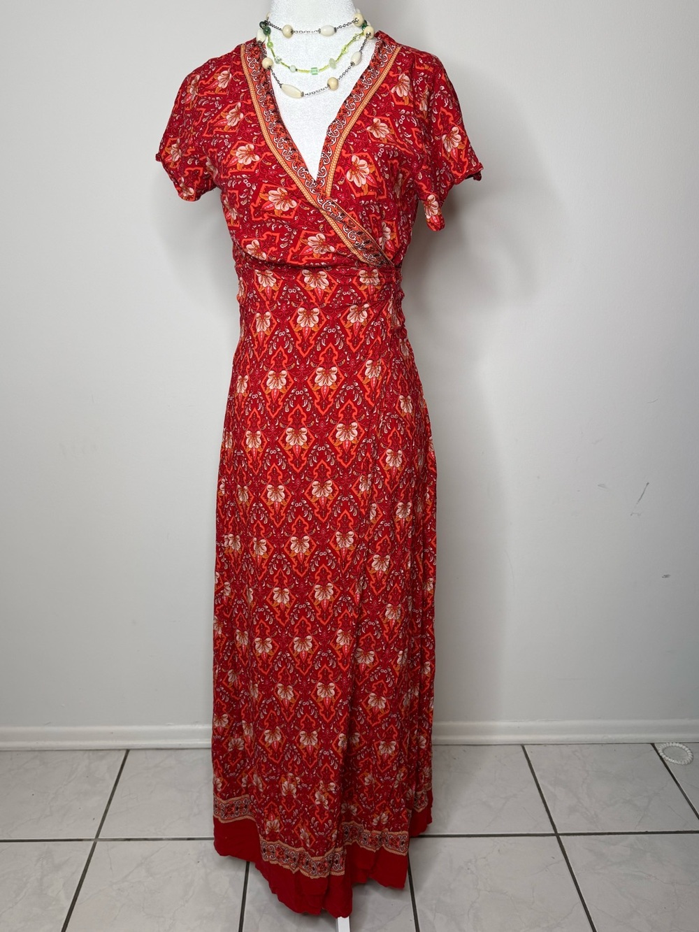 Women's Red Floral Maxi Wrap Dress with Short Sleeves